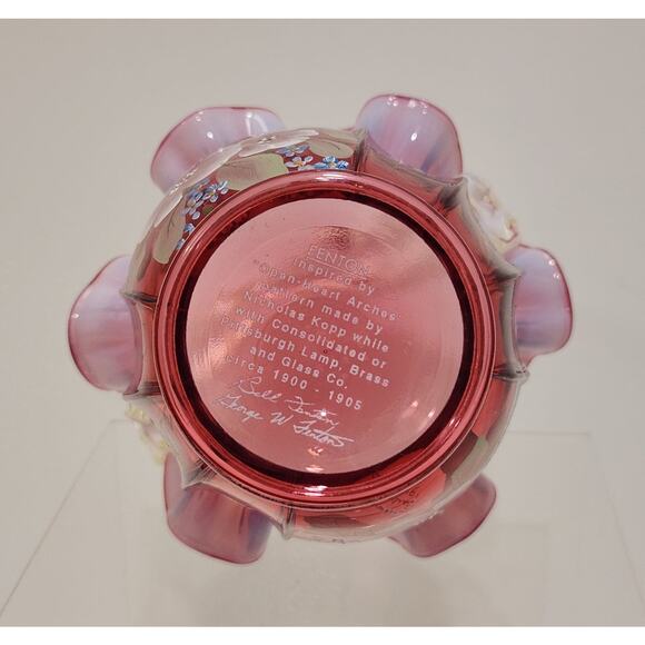 Fenton Art Glass Cranberry Opalescent Open Heart Arches BILL & GEORGE Basket - Picture 8 of 11